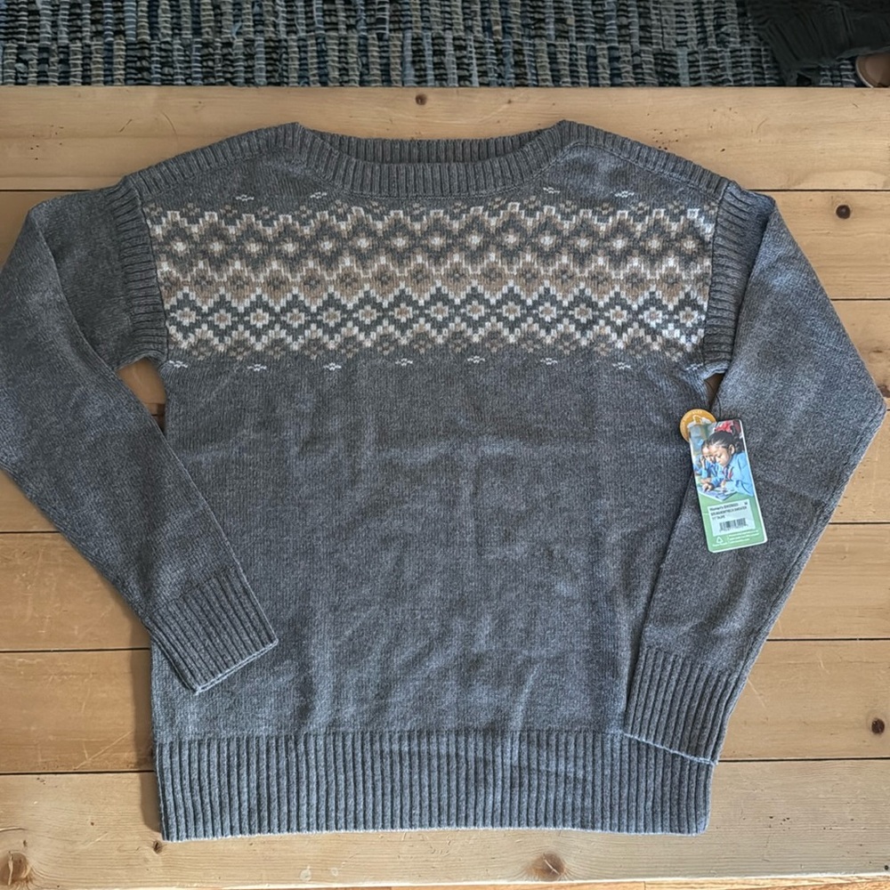 Sherpa Merino Wool Blend Boatneck Sweater Women's M Taupe Fairisle NWT